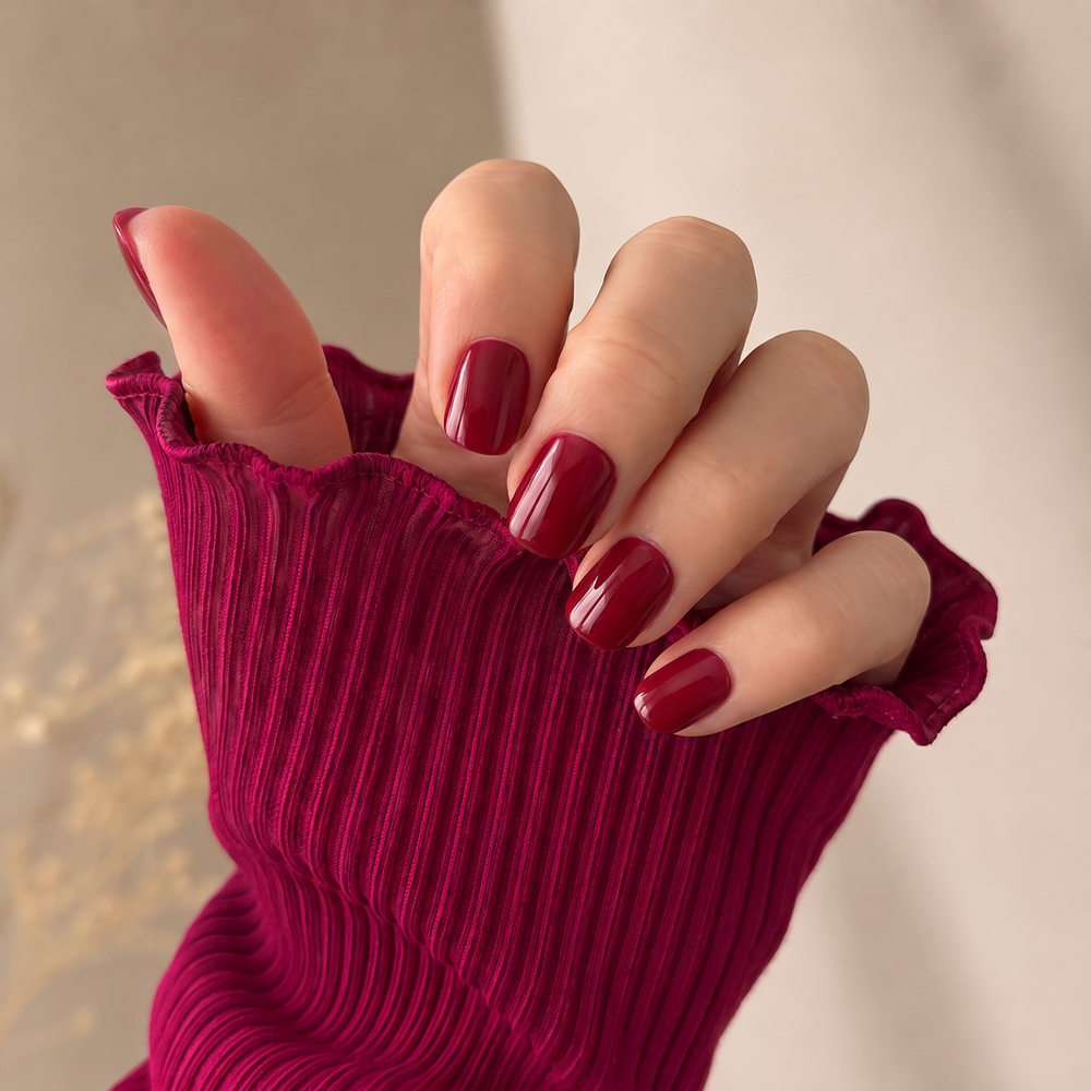 Sour Cherry press-on nails — worn lifestyle hero