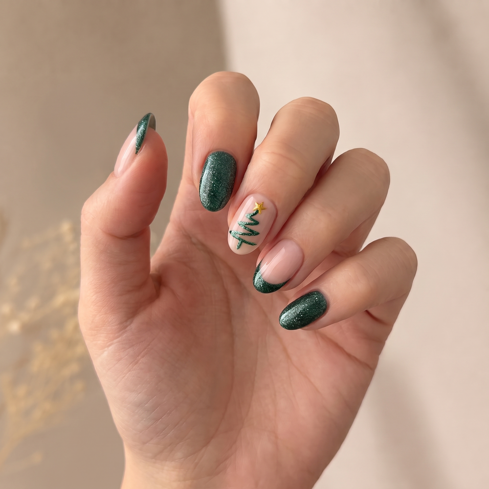 Velvet Pine press-on nails — worn lifestyle hero