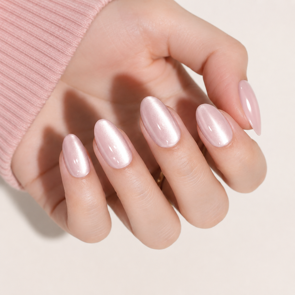 Pearl Glow Almond Medium Press-On Nails — Glossy Pink Cat-Eye