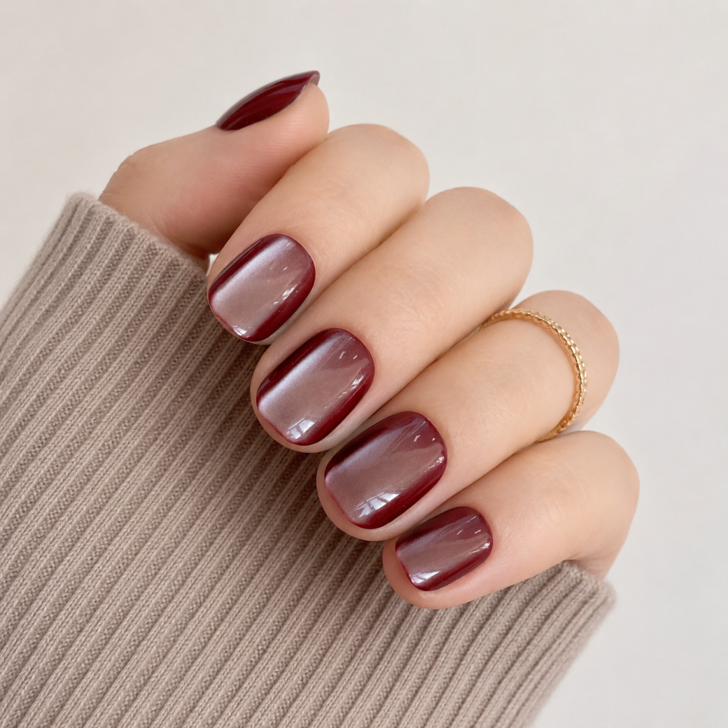 Ruby Eclipse Natural Short Press-On Nails — Burgundy Cat-Eye
