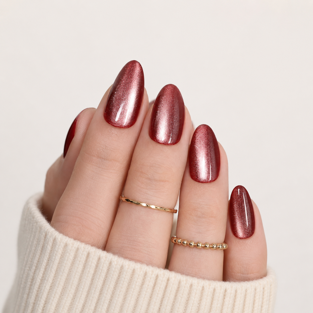 Velvet Mocha Almond Medium Press-On Nails — Bronze Cat-Eye
