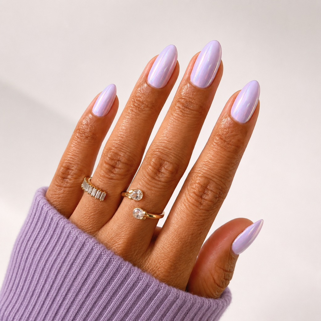 Pearl Veil Almond Short Press-On Nails — Glazed Lilac