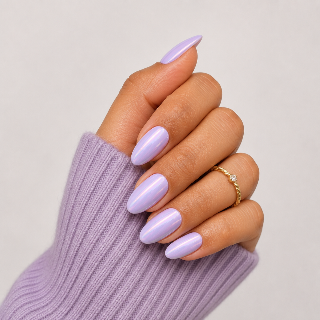 Pearl Veil Almond Short Press-On Nails — Glazed Lilac