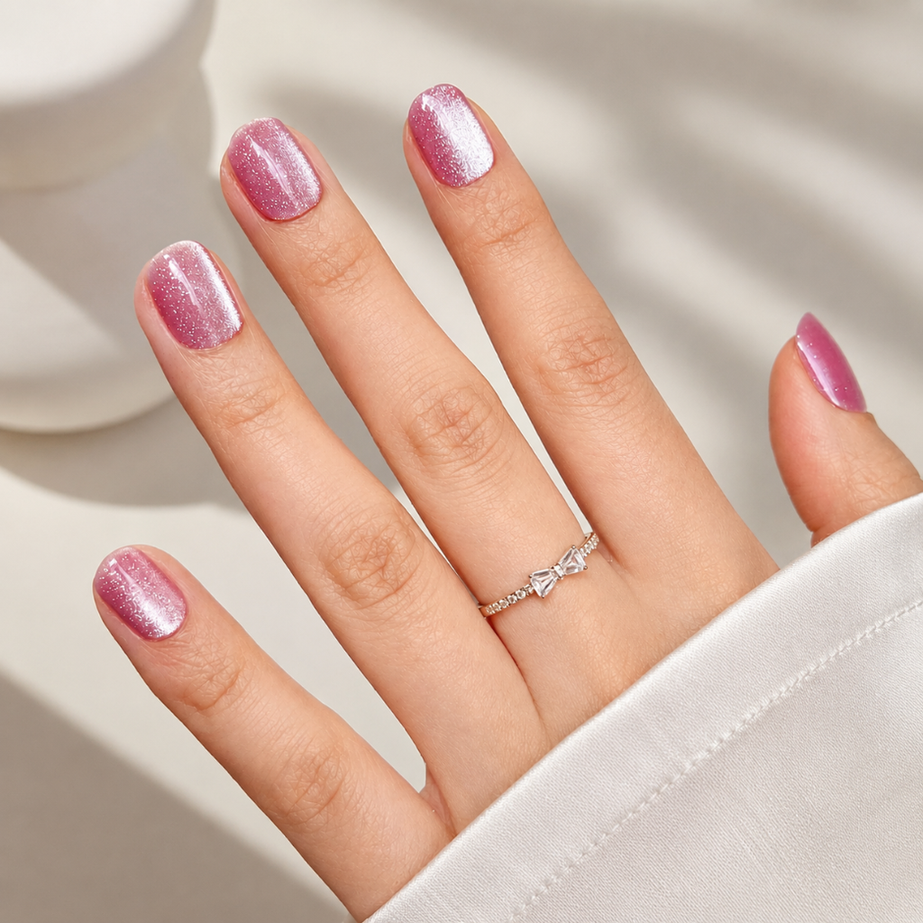 Rosy Aurora Natural Extra Short Press-On Nails — Pink Cat-Eye