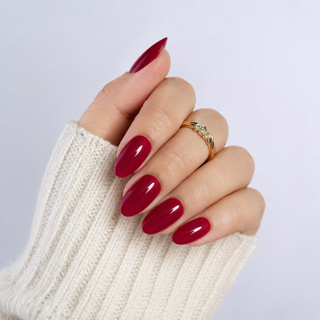 Crimson Muse Oval Medium Press-On Nails — Glossy Cherry Red