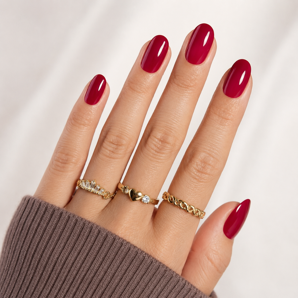 Crimson Muse Oval Medium Press-On Nails — Glossy Cherry Red