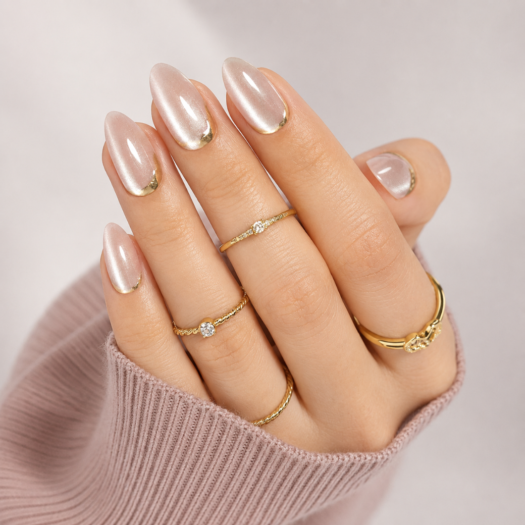 Cat's Eye Pearl Almond Medium Press-On Nails — Rose Gold Nude