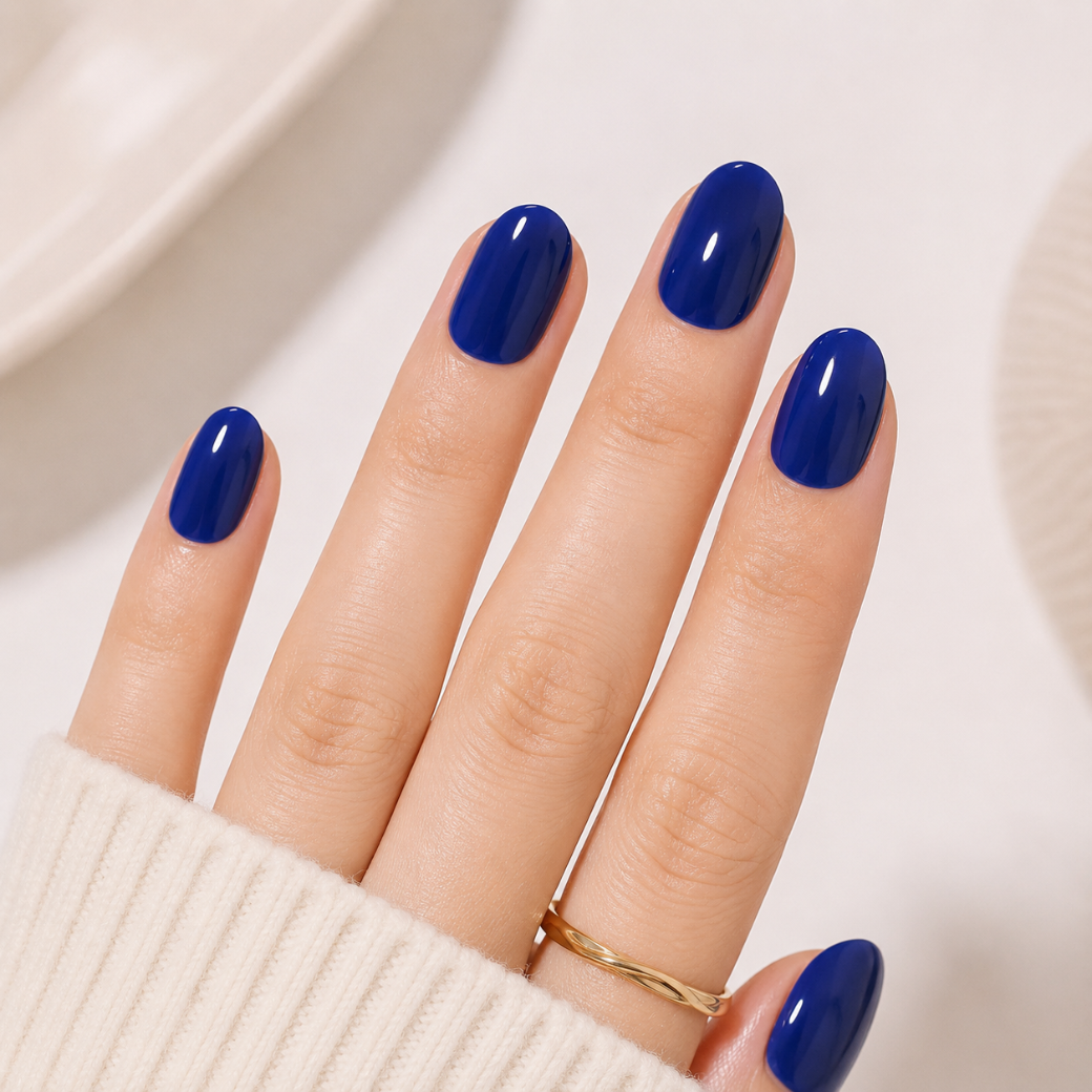 Midnight Sapphire Short Oval Press-On Nails — Glossy Royal Blue