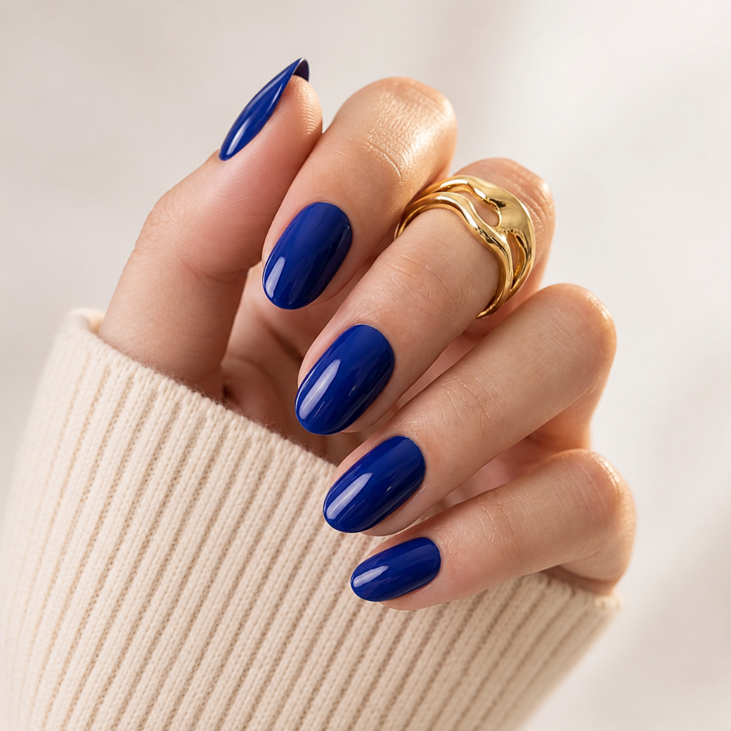 Midnight Sapphire Short Oval Press-On Nails — Glossy Royal Blue