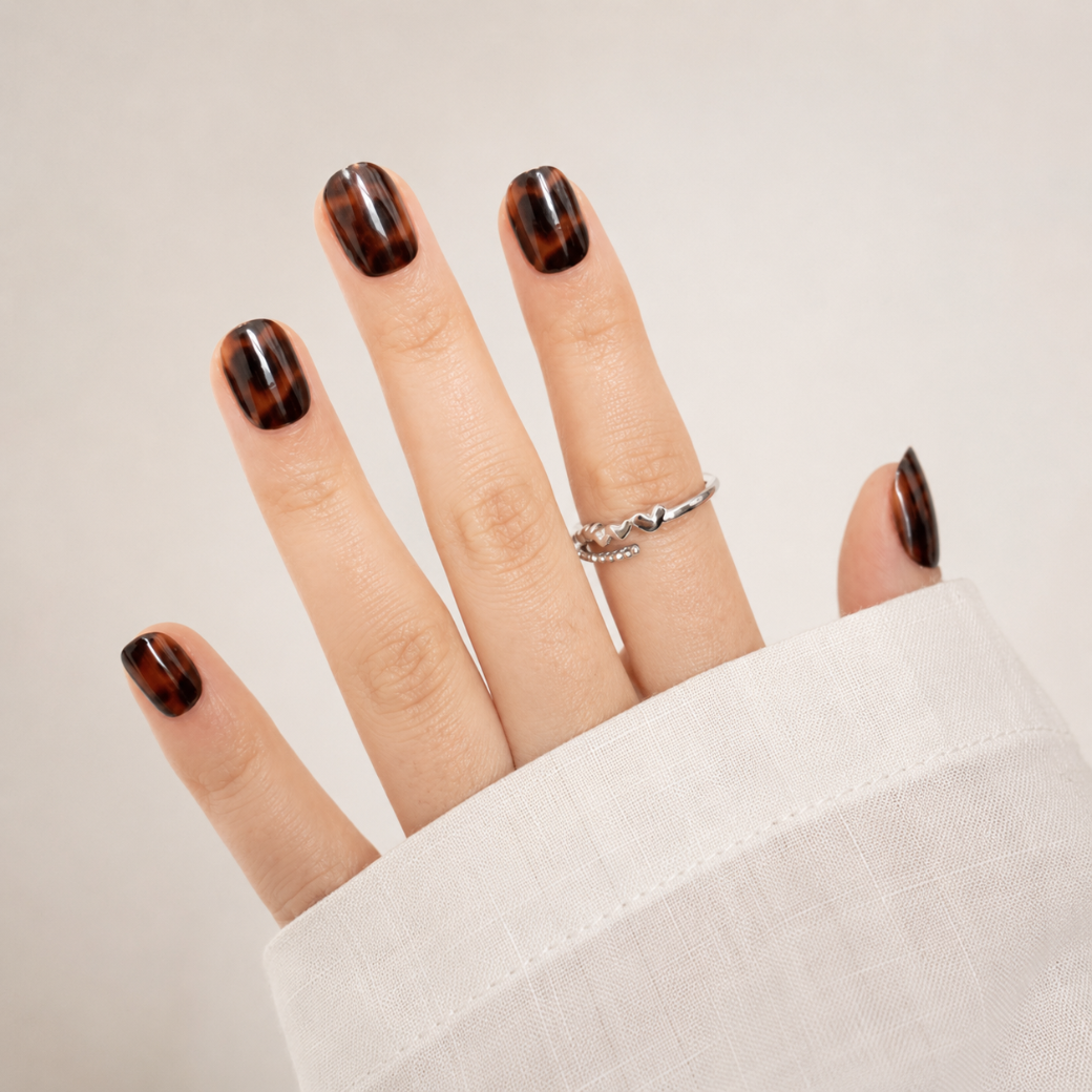 Tortoise Kiss Natural Extra Short Press-On Nails — Glossy Tortoiseshell