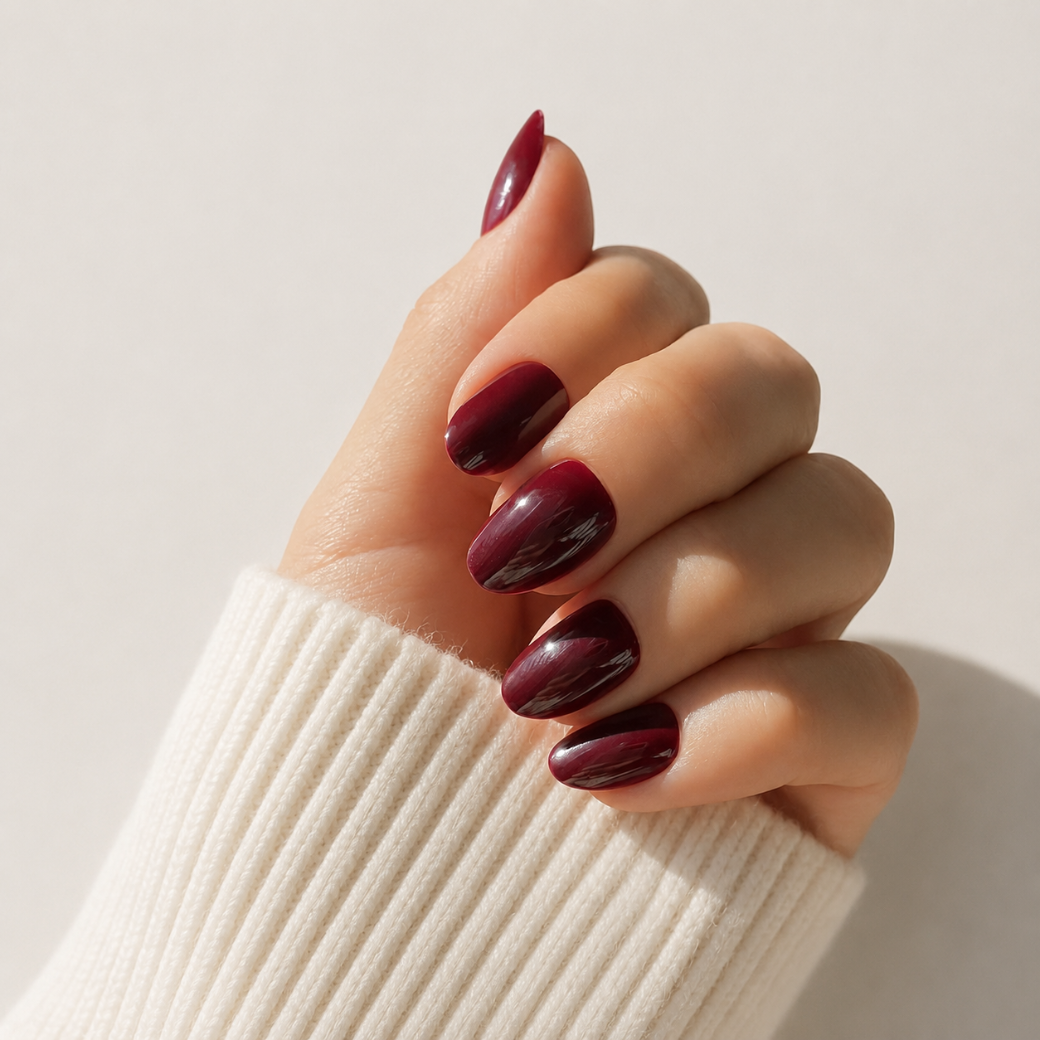 Velvet Wine Oval Short Press-On Nails — Glossy Burgundy