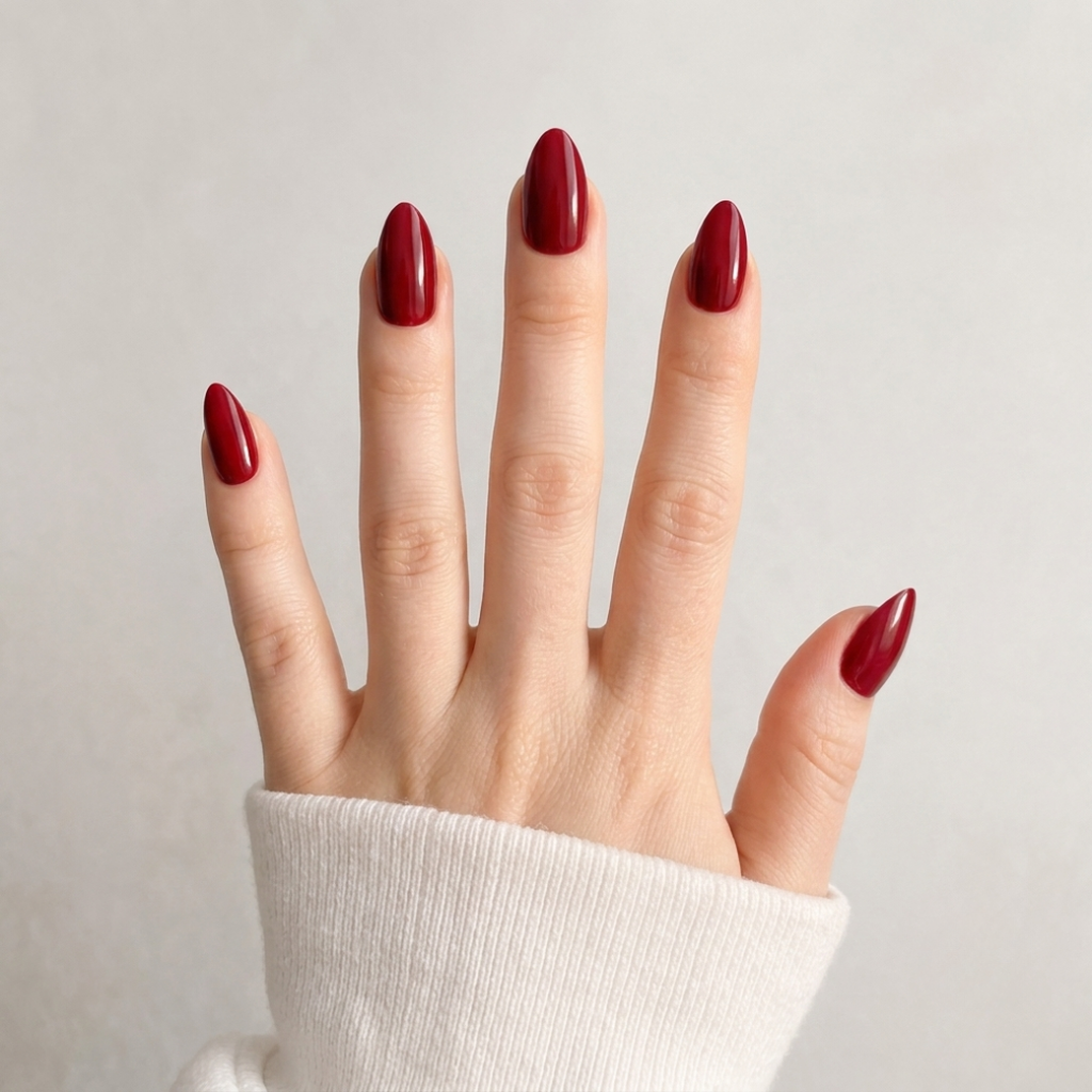 Crimson Kiss Medium Almond Press-On Nails — Glossy Cherry Red
