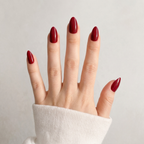 Crimson Kiss Medium Almond Press-On Nails — Glossy Cherry Red