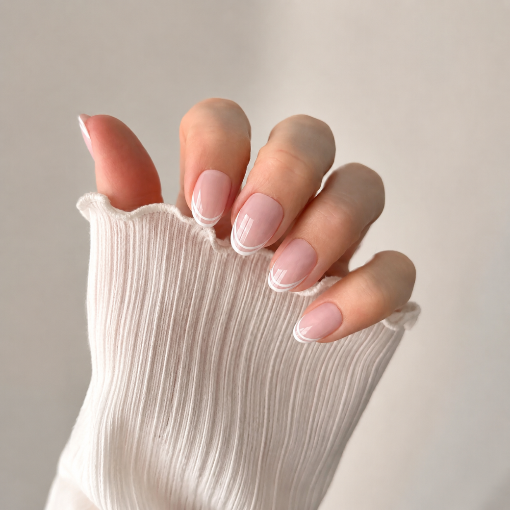 Halo Blush Oval Short Press-On Nails — Double White French