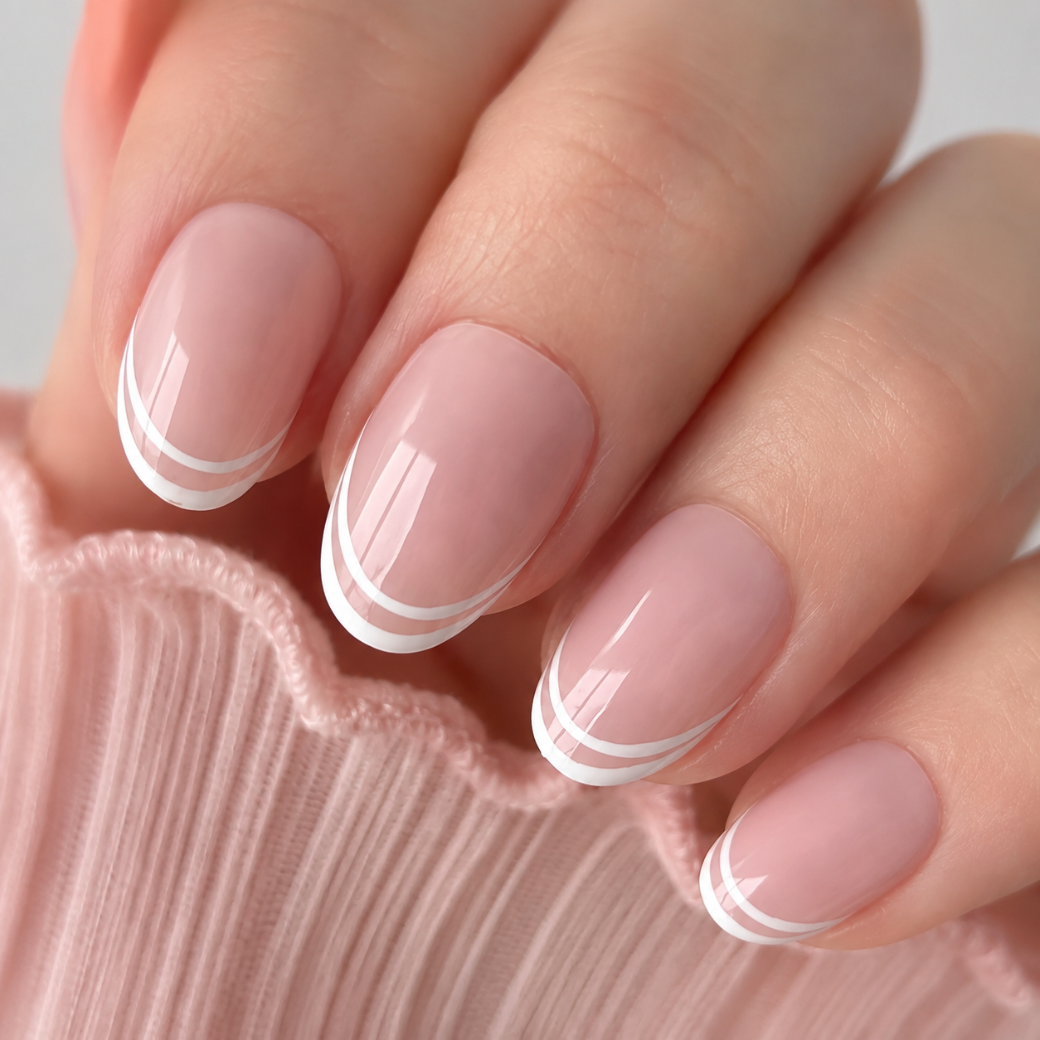 Halo Blush Oval Short Press-On Nails — Double White French