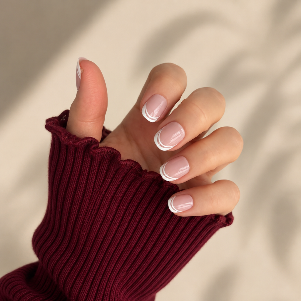Ribbon Blush Natural Extra Short Press-On Nails — Double White French