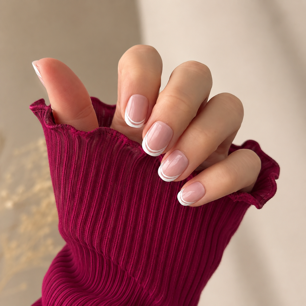 Ribbon Blush Natural Extra Short Press-On Nails — Double White French