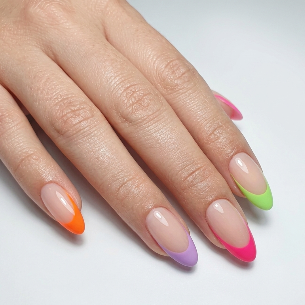 Neon Escape Almond Medium Press-On Nails — Rainbow French