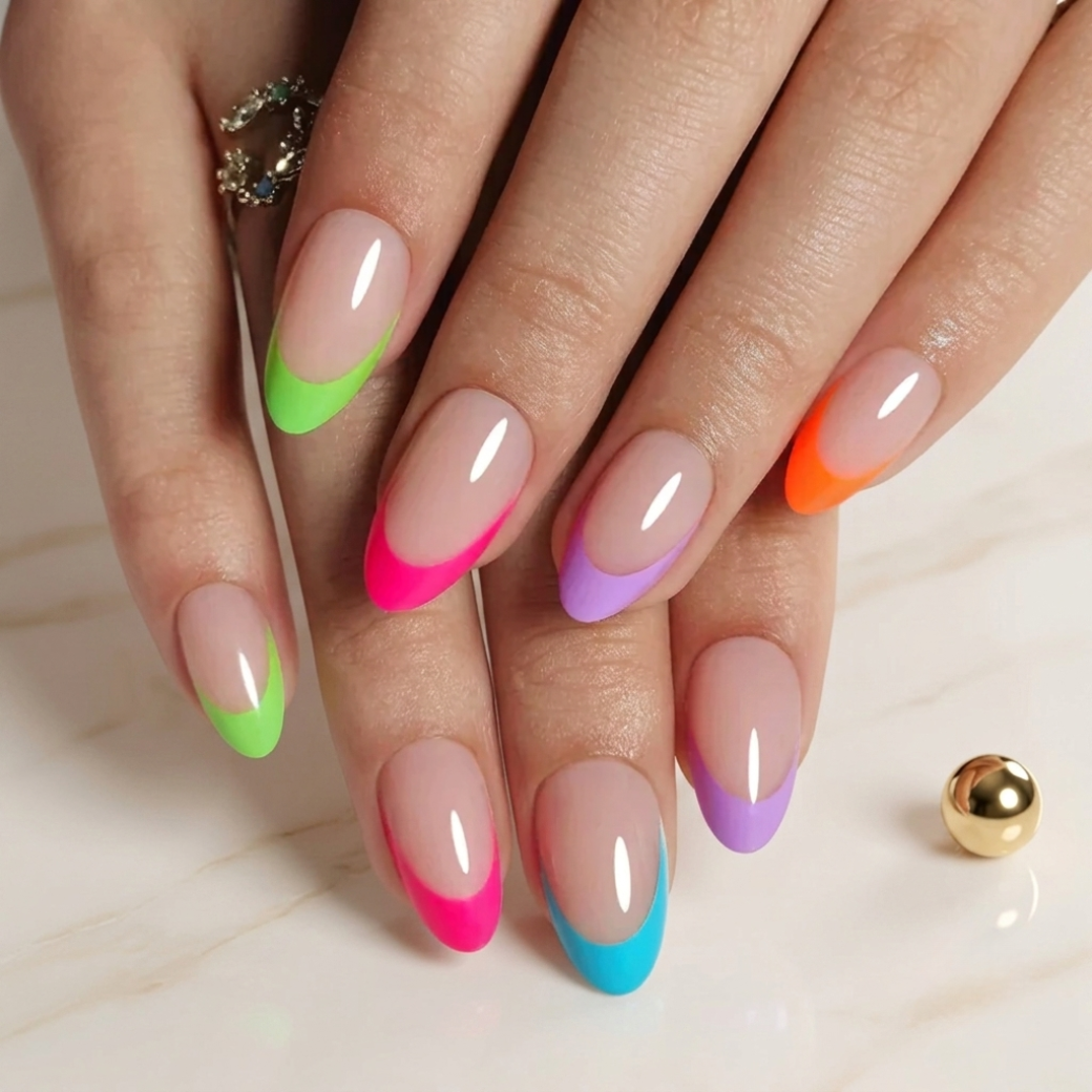 Neon Escape Almond Medium Press-On Nails — Rainbow French