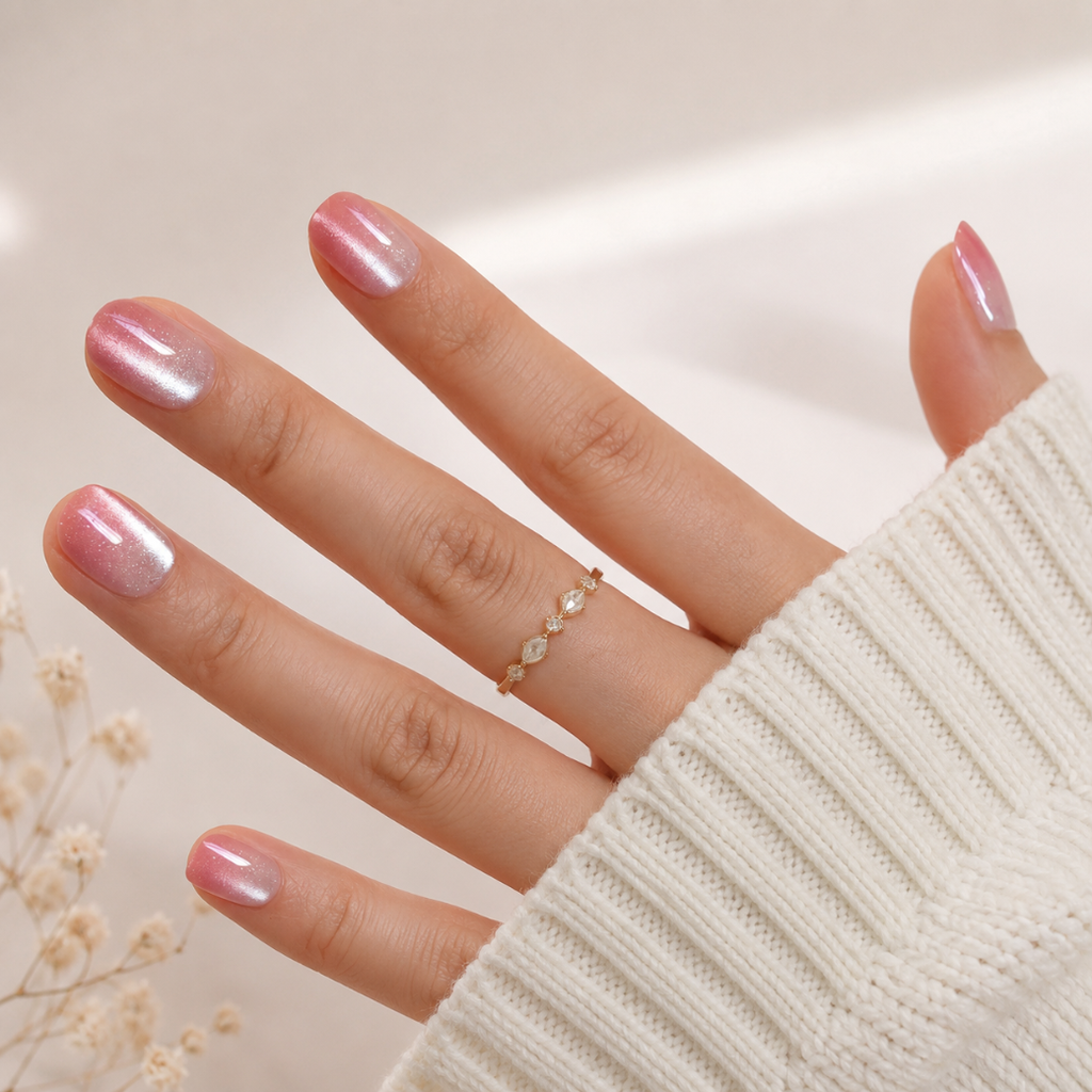 Blushing Pearl Extra Short Natural Press-On Nails — Cat-Eye Ombre