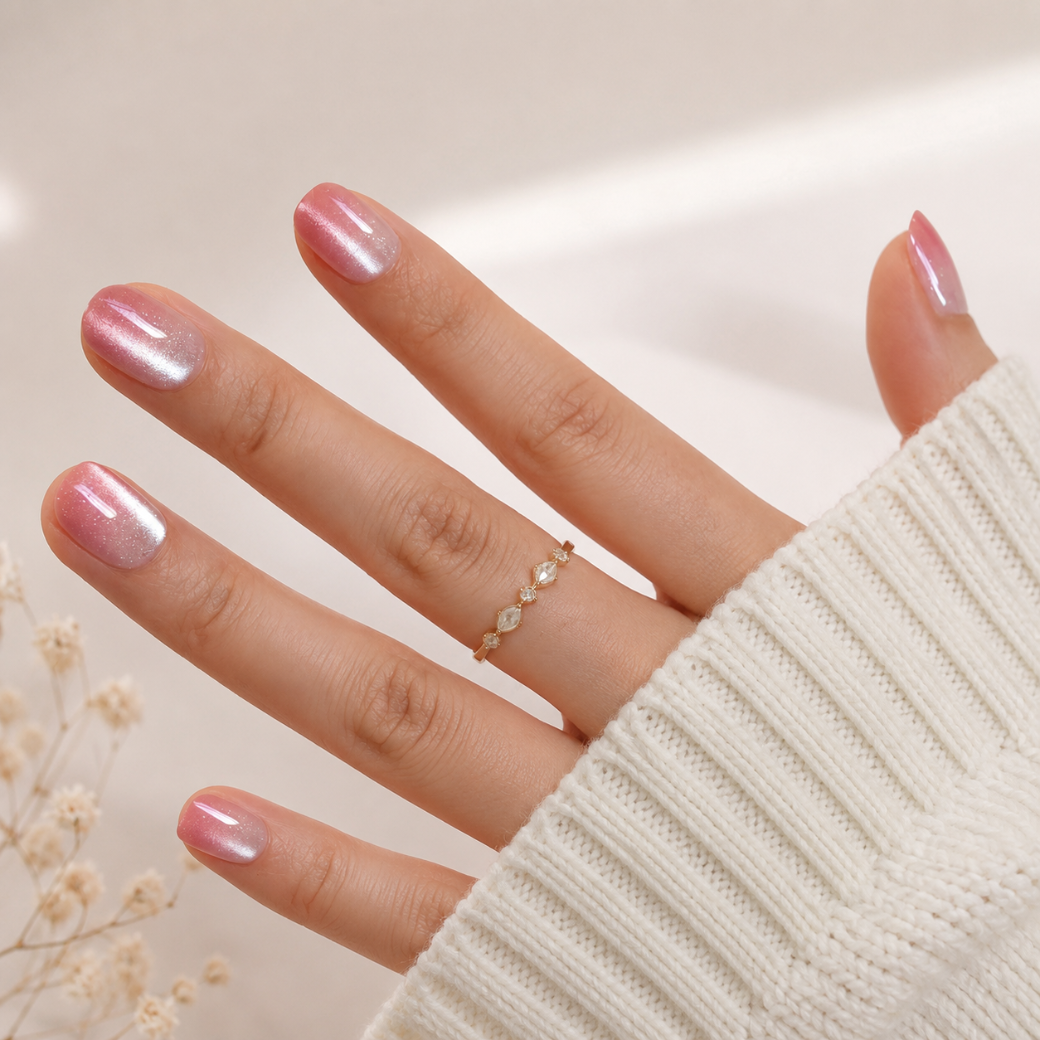 Blushing Pearl Extra Short Natural Press-On Nails — Cat-Eye Ombre