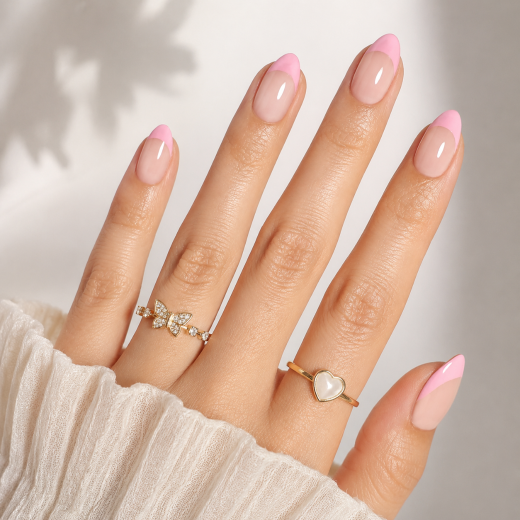 Pink Whisper Almond Short Press-On Nails — Glossy French