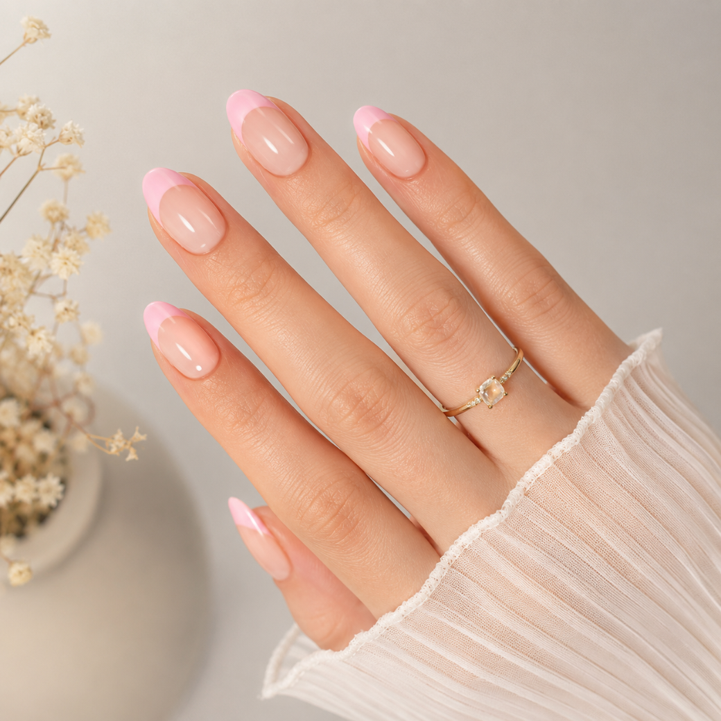 Pink Whisper Almond Short Press-On Nails — Glossy French