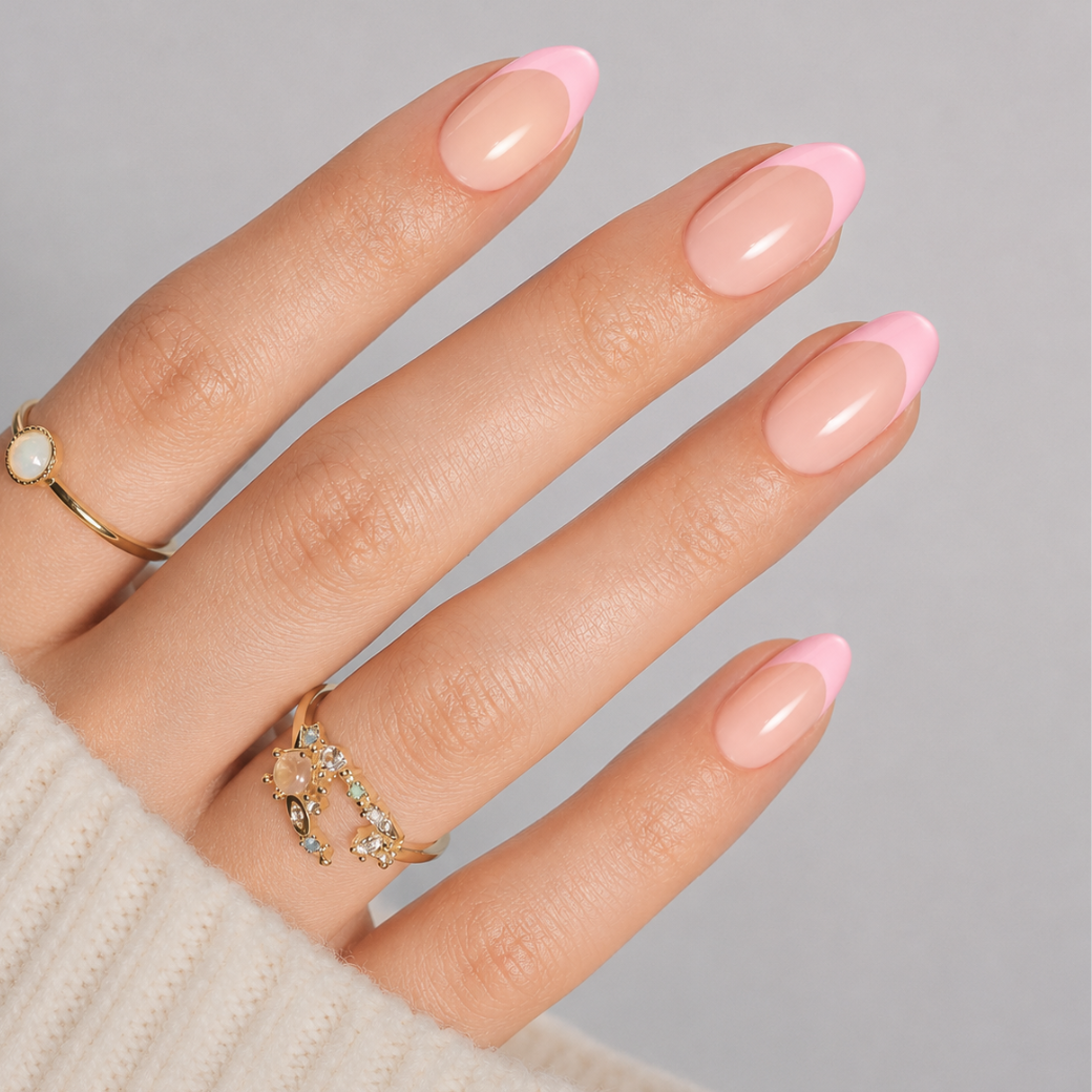 Pink Whisper Almond Short Press-On Nails — Glossy French