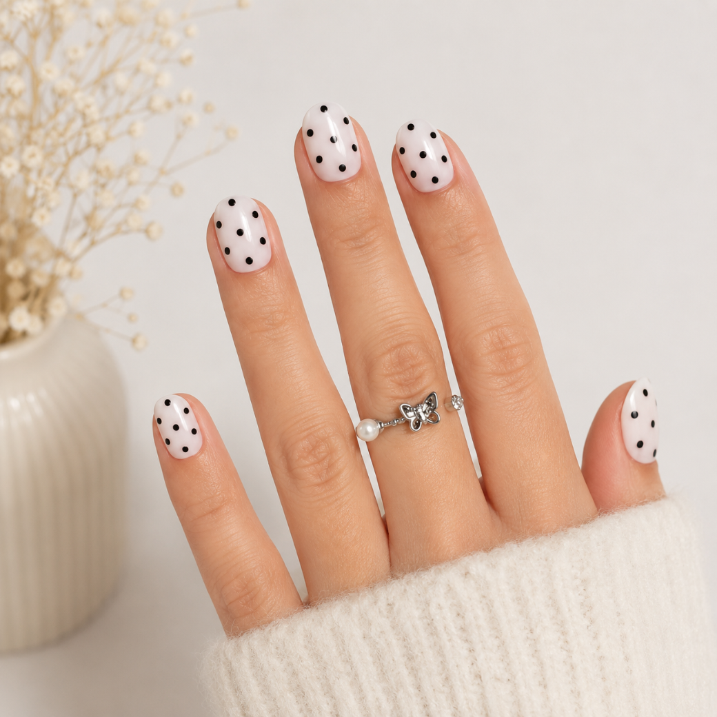 Polka Charm Extra Short Natural Press-On Nails — Glossy Dot