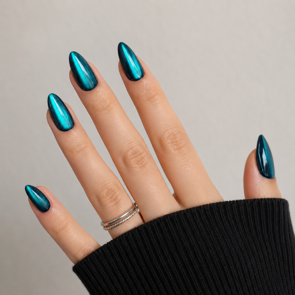 Ocean Eclipse Almond Short Press-On Nails — Turquoise Shimmer