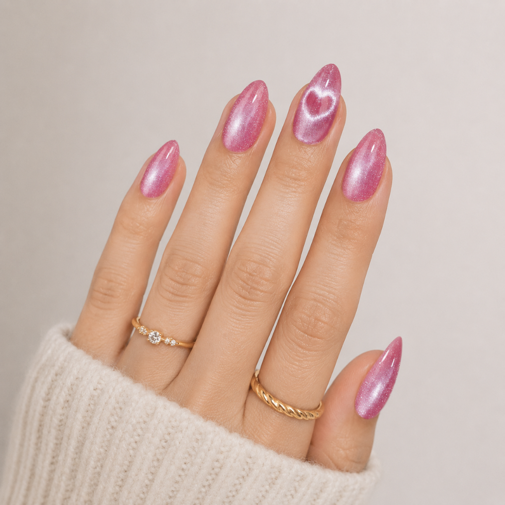 Rose Aura Almond Medium Press-On Nails — Cat-Eye Shimmer