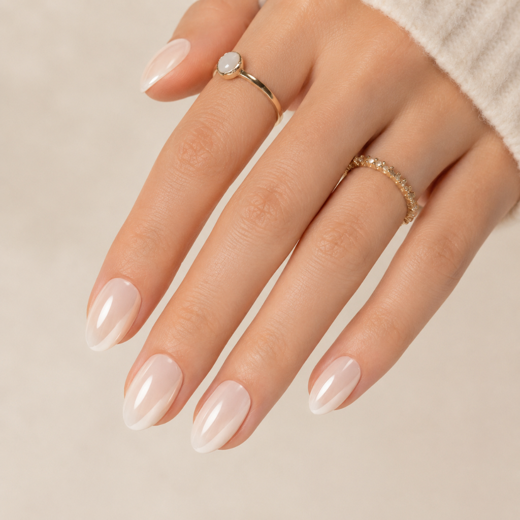 Pearl Veil Natural Short Press-On Nails — Milky Glaze