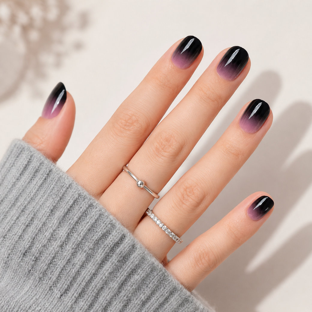 Midnight Fade Natural Extra Short Press-On Nails — Black Ombre Gloss