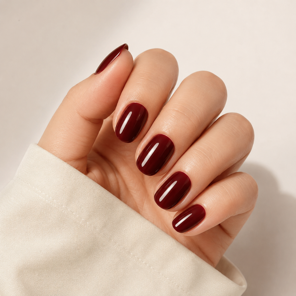 Velvet Wine Natural Short Press-On Nails — Burgundy Cat-Eye