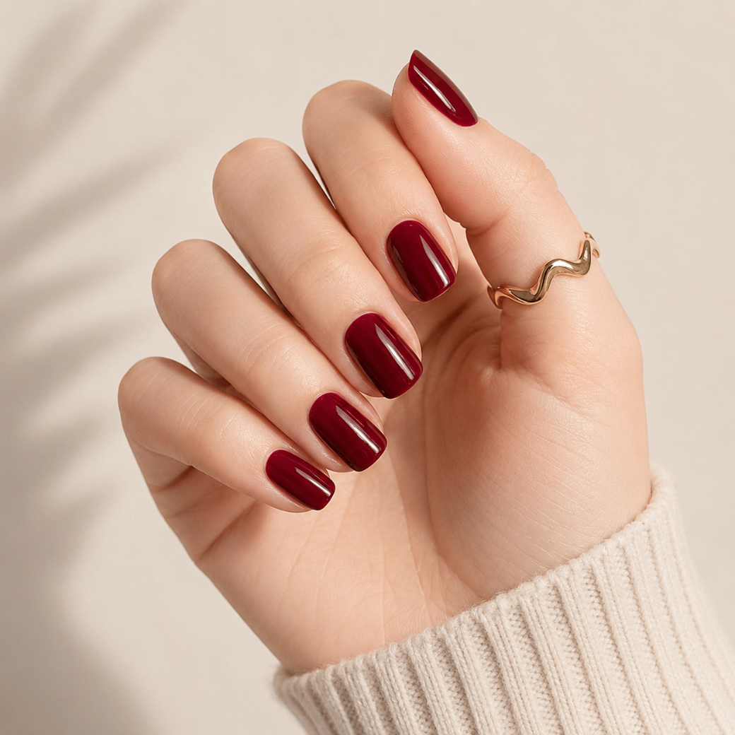 Velvet Wine Natural Short Press-On Nails — Burgundy Cat-Eye