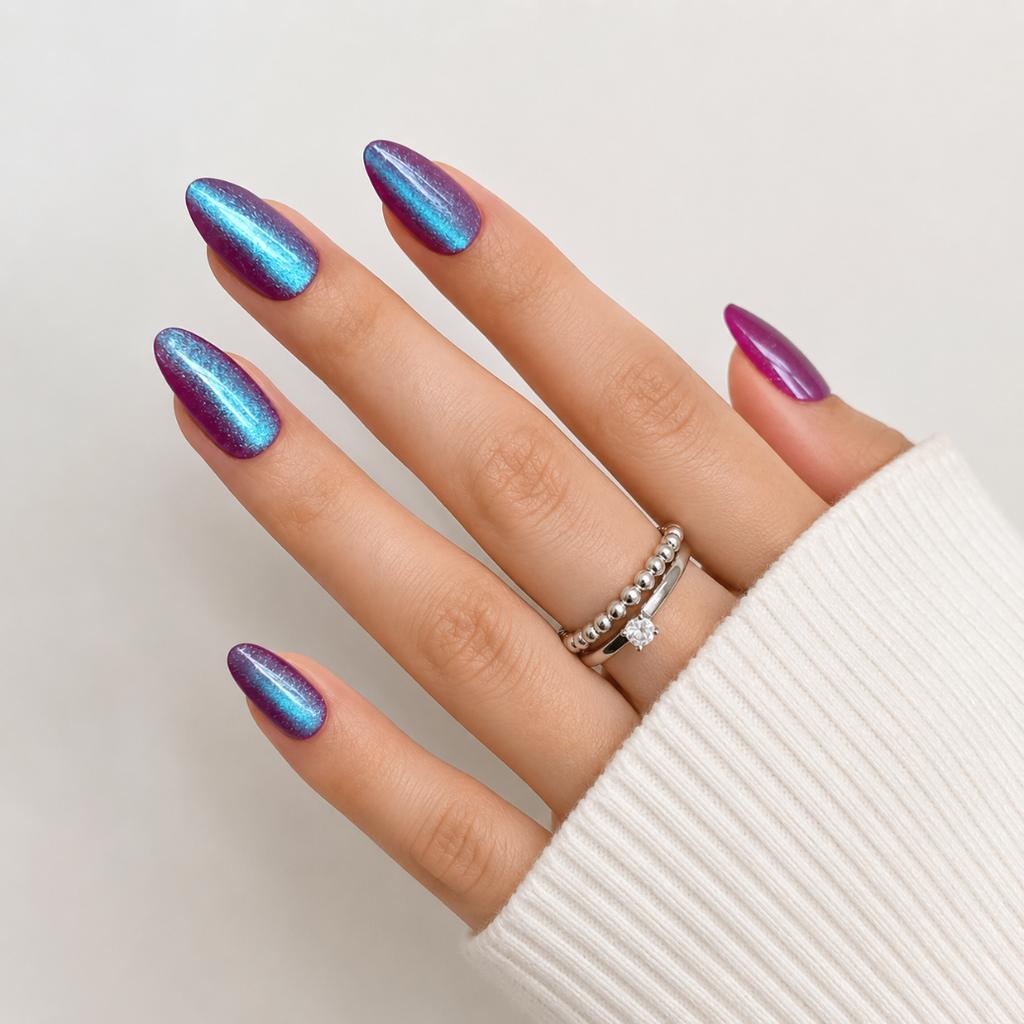 Devil's Kiss Almond Medium Press-On Nails — Glossy Purple Cat-Eye