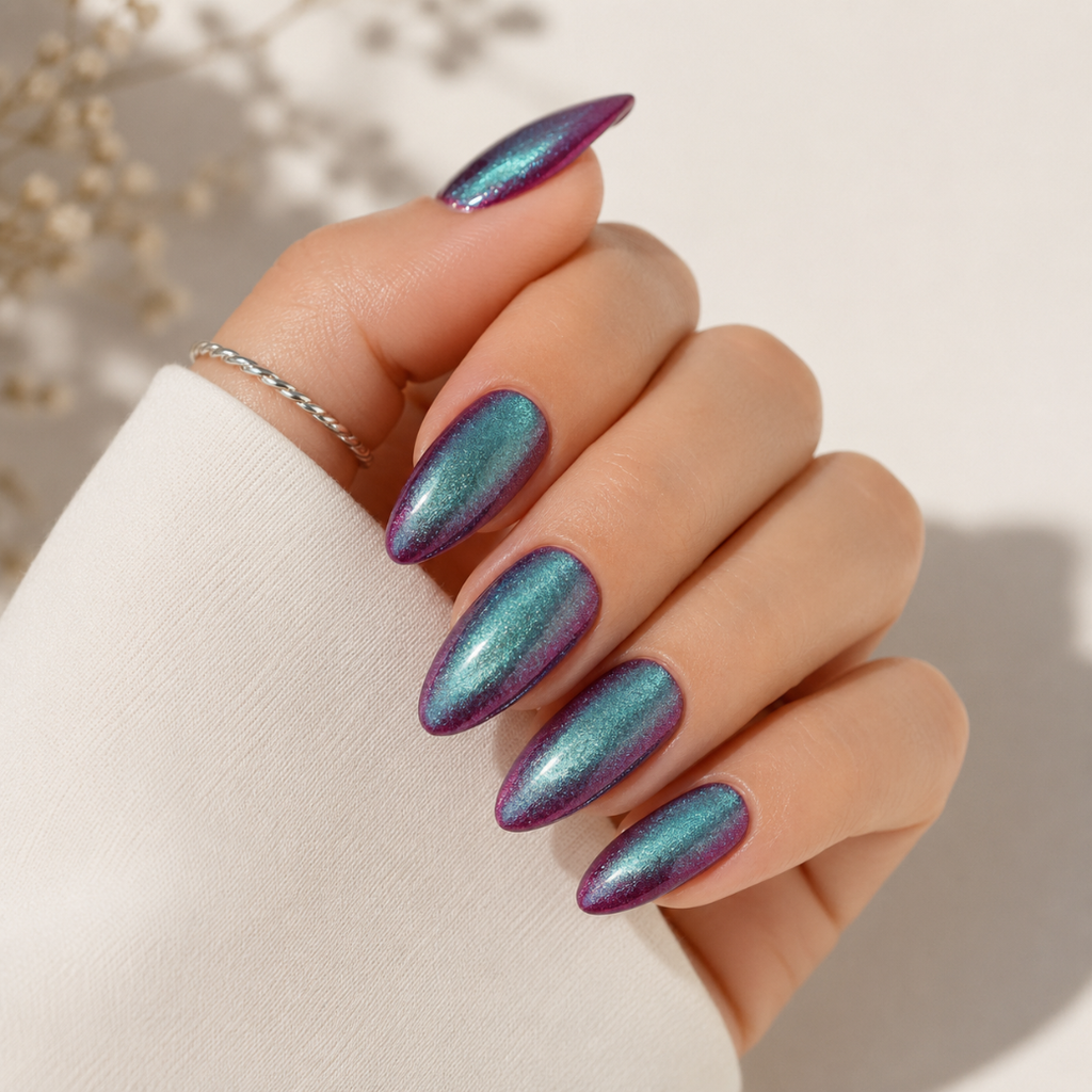 Devil's Kiss Almond Medium Press-On Nails — Glossy Purple Cat-Eye