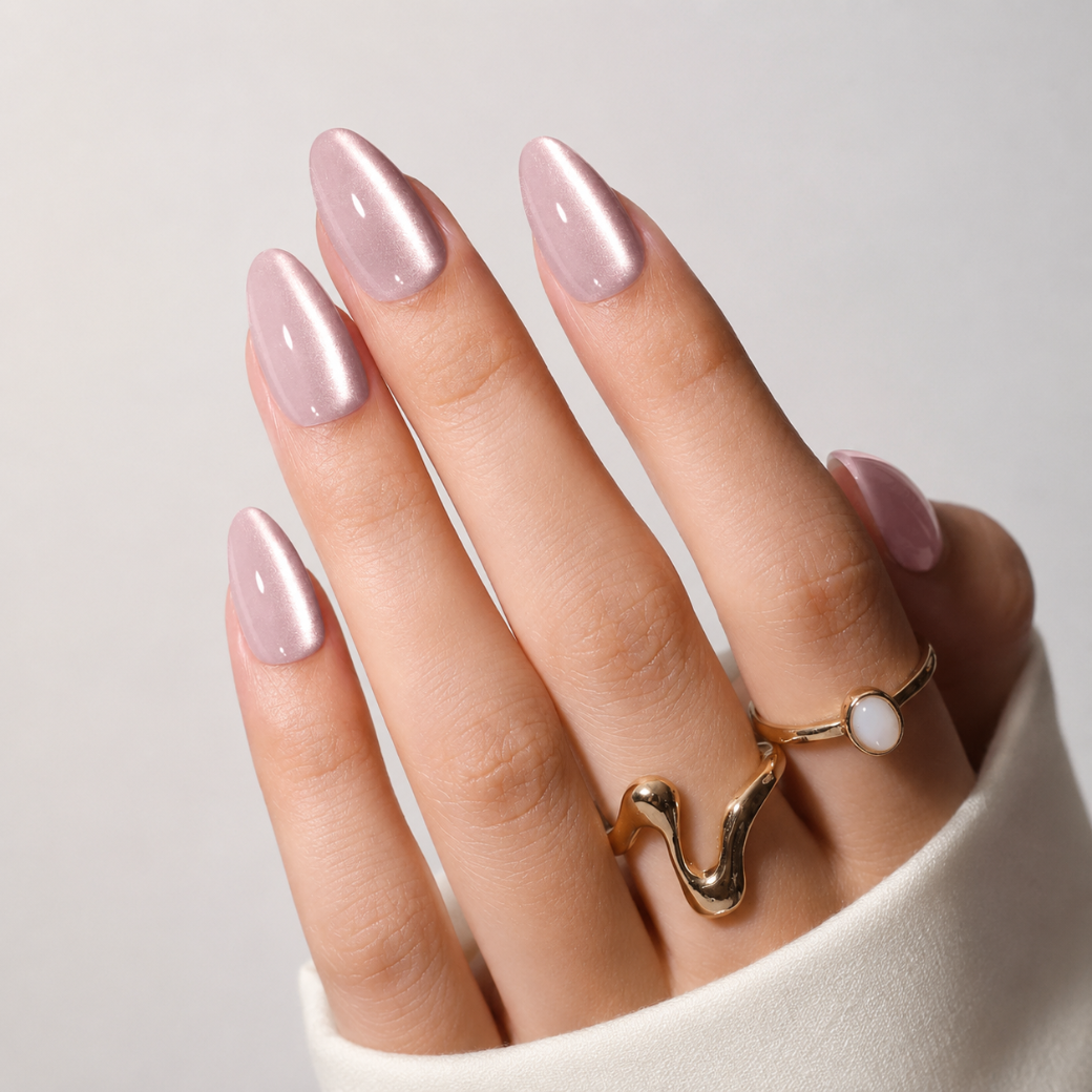 Pearl Glow Almond Medium Press-On Nails — Glossy Pink Cat-Eye