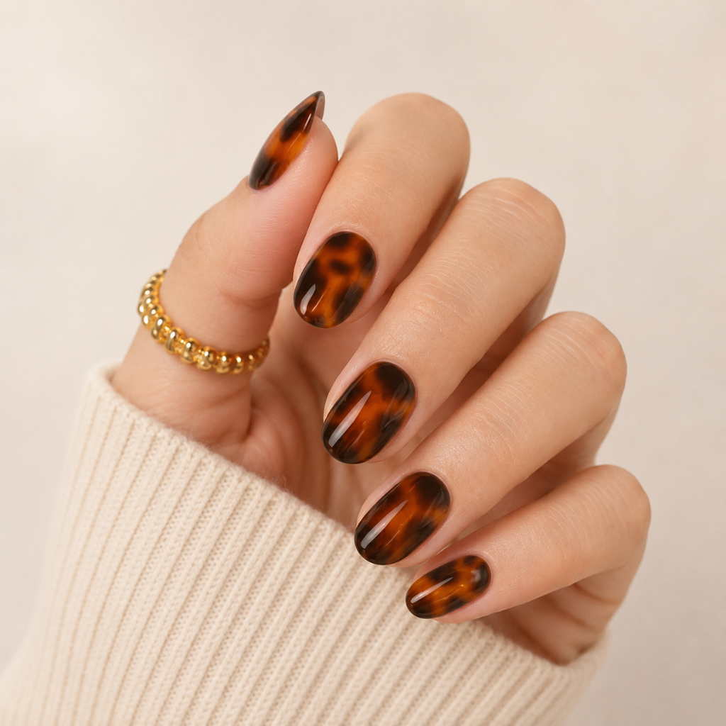 Amber Eclipse Oval Short Press-On Nails — Glossy Tortoiseshell