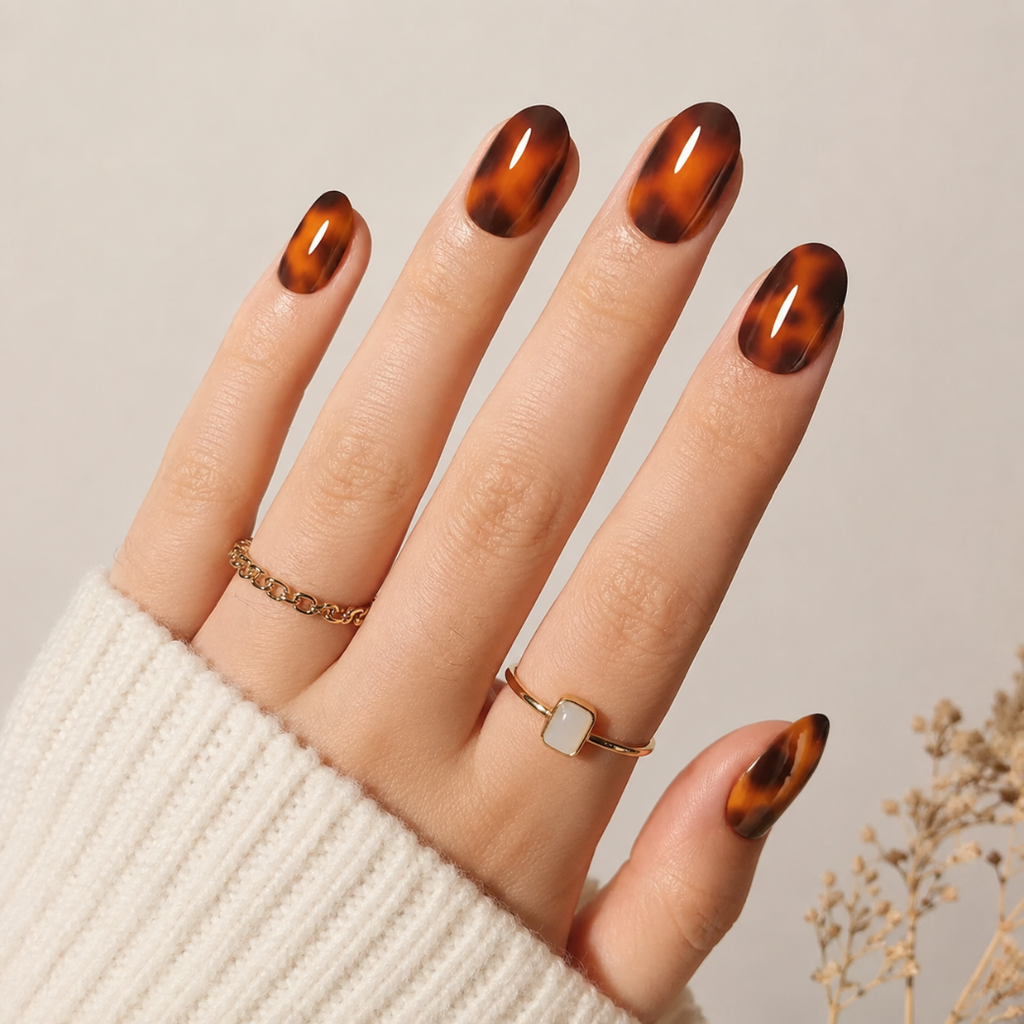 Amber Eclipse Oval Short Press-On Nails — Glossy Tortoiseshell
