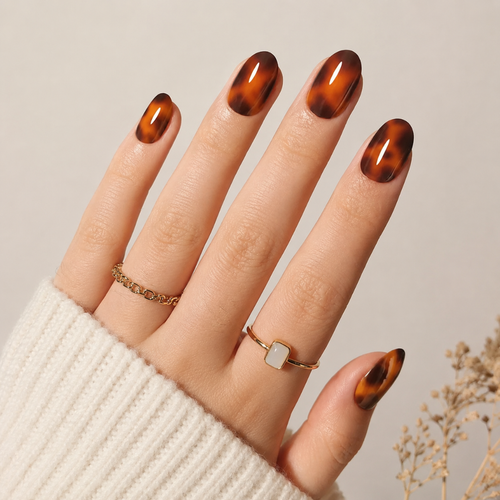 Amber Eclipse Oval Short Press-On Nails — Glossy Tortoiseshell