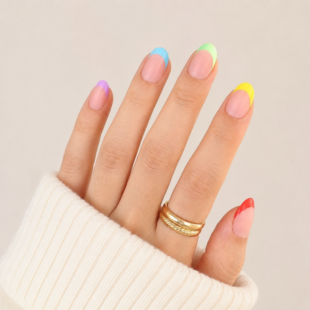 Pastel Pop Oval Short Press-On Nails — Glossy Rainbow French