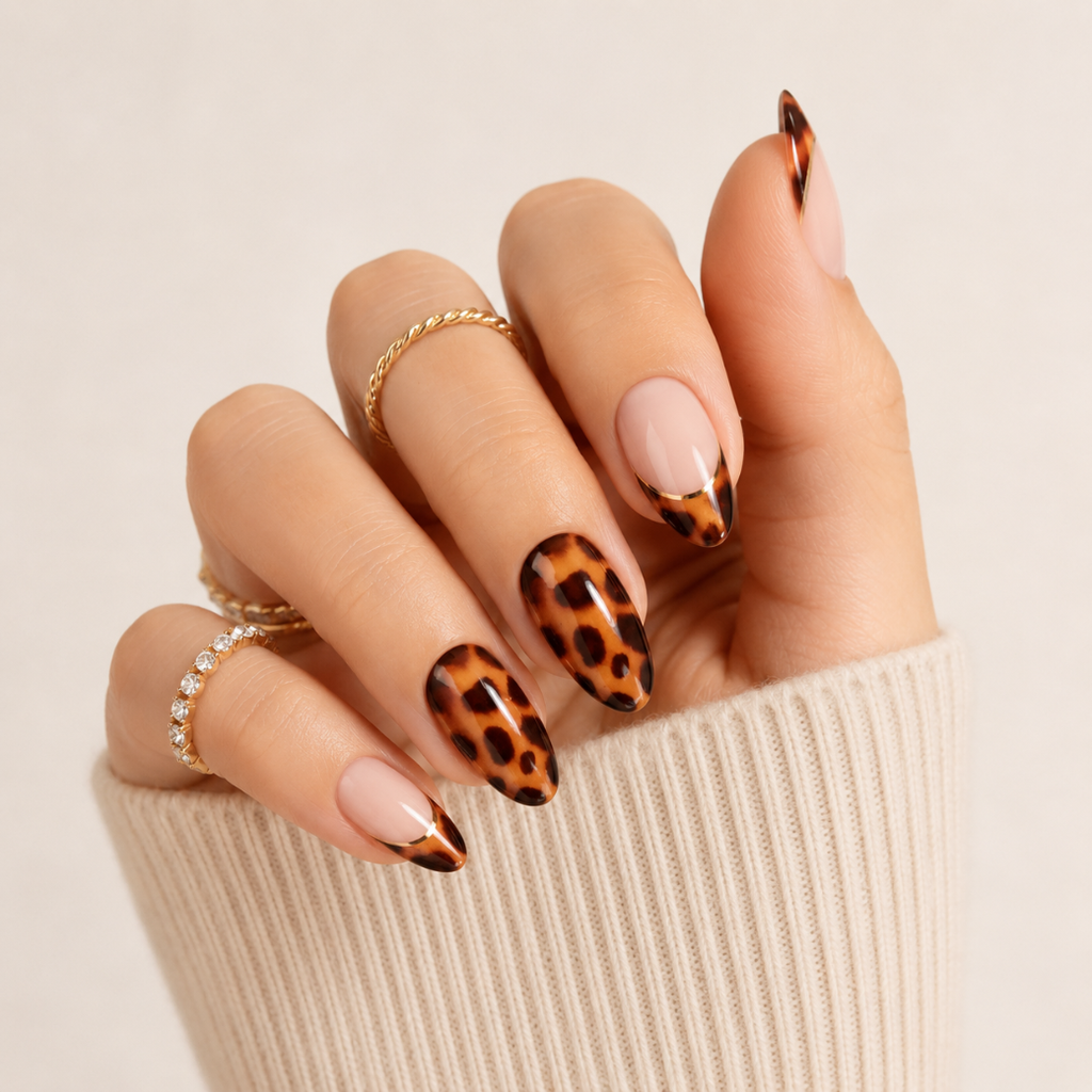 Honey Dusk Almond Medium Press-On Nails — Glossy Tortoiseshell French