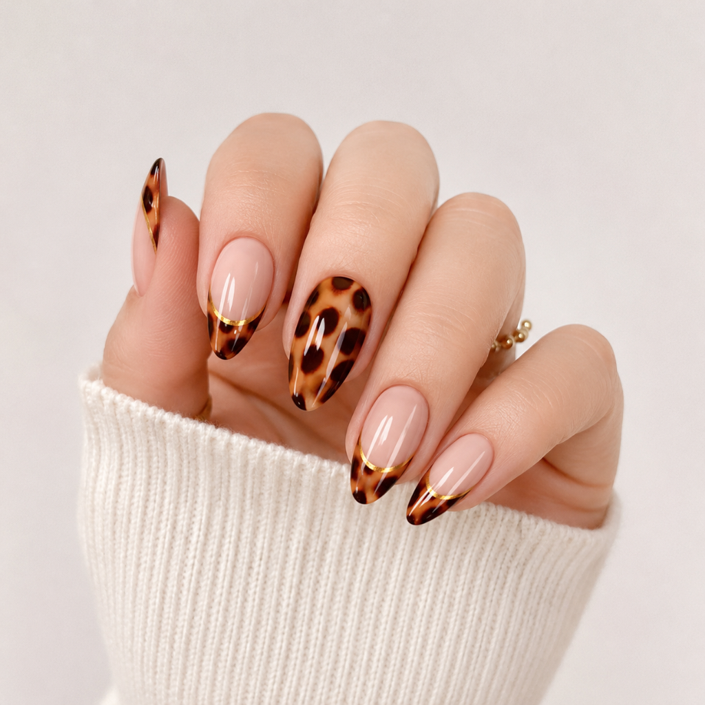 Honey Dusk Almond Medium Press-On Nails — Glossy Tortoiseshell French