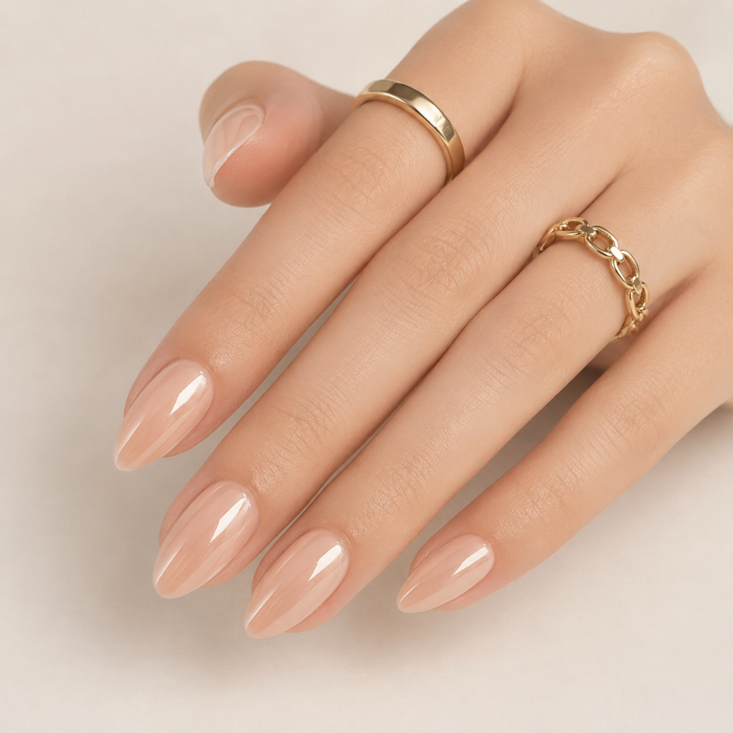 Champagne Glow Almond Medium Press-On Nails — Glazed Soft Nude