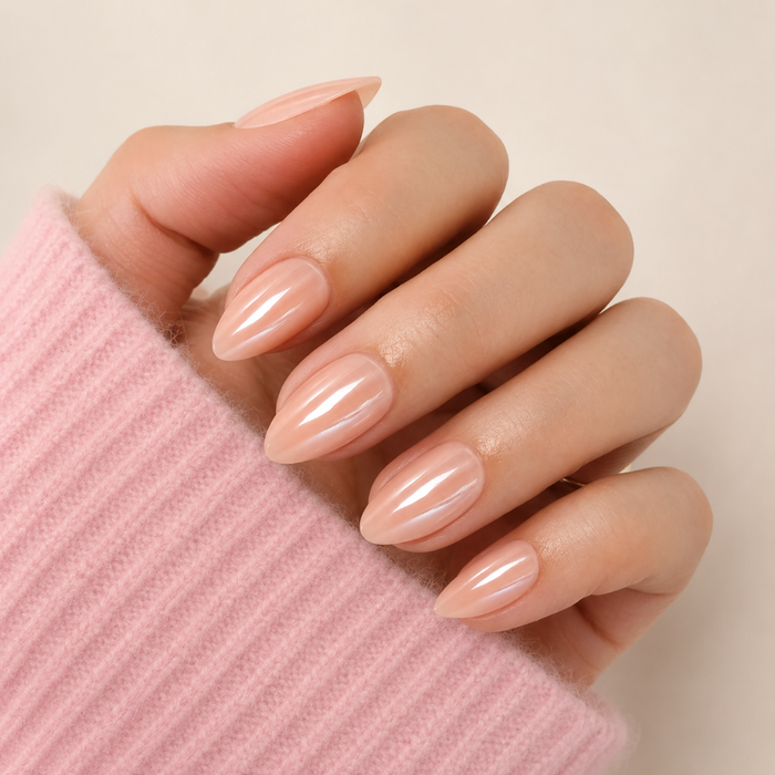 Champagne Glow Almond Medium Press-On Nails — Glazed Soft Nude