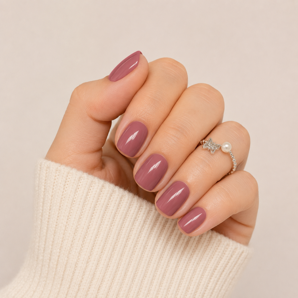 Dusty Rose Natural Short Press-On Nails — Glossy Mauve Pink