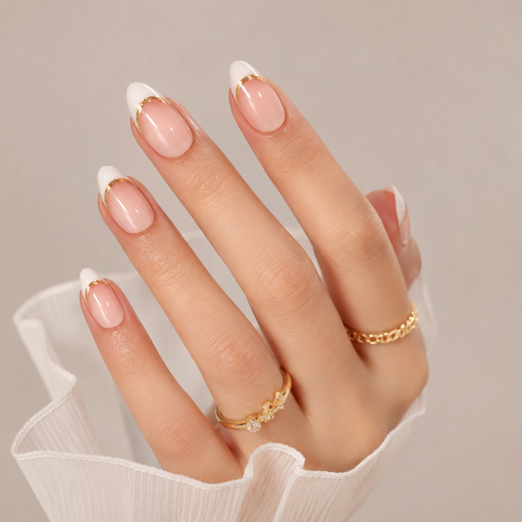 Golden Grace Almond Medium Press-On Nails — Gold French Tips