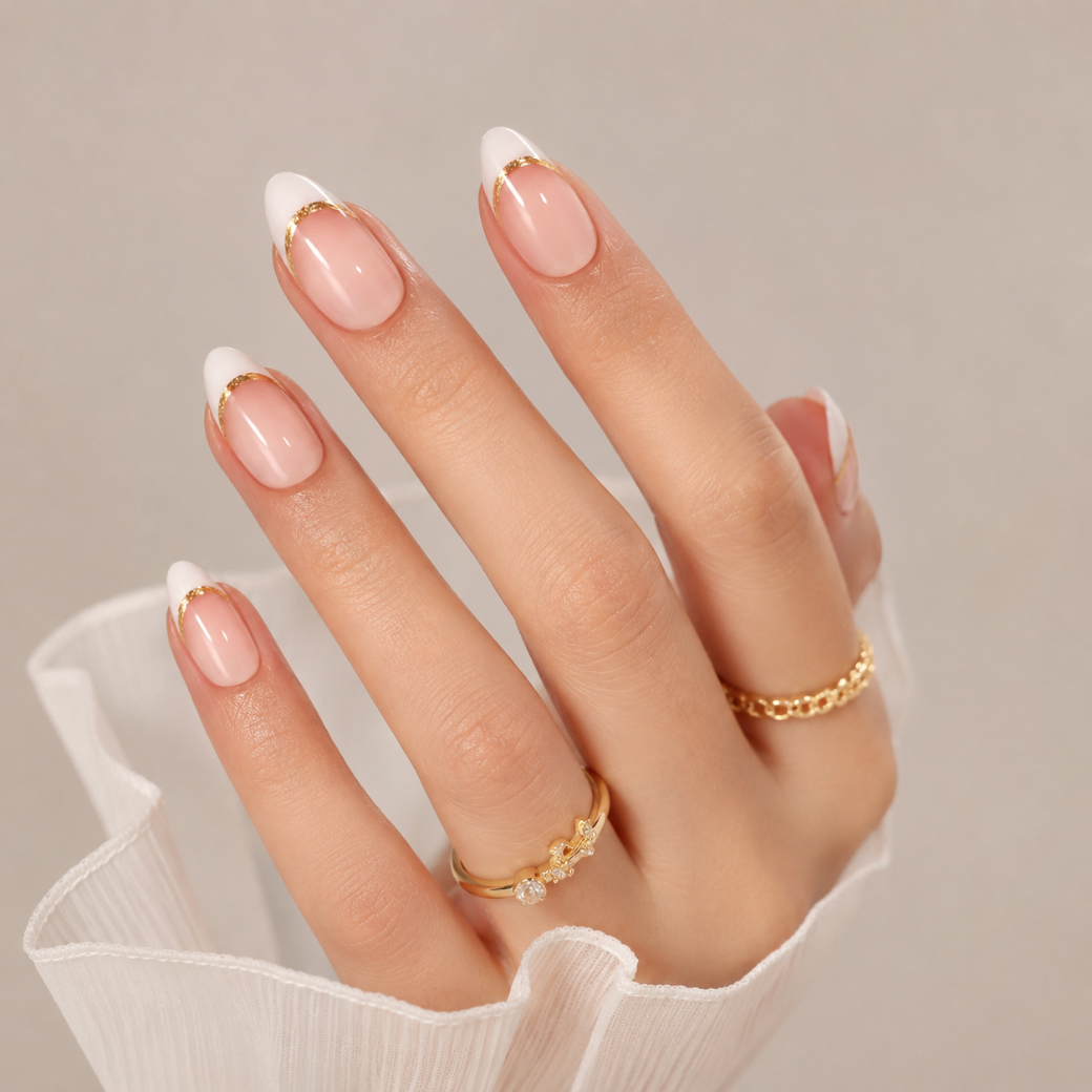 Golden Grace Almond Medium Press-On Nails — Gold French Tips