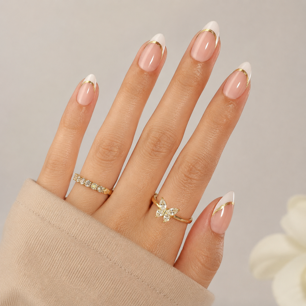 Golden Grace Almond Medium Press-On Nails — Gold French Tips